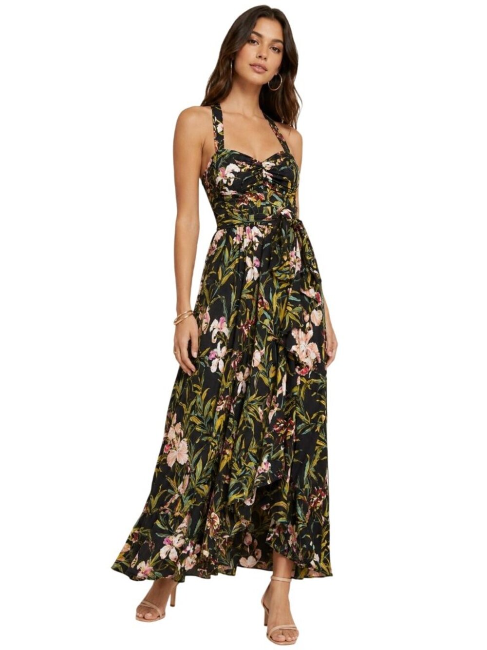 Anthropologie Maeve Gabriela Ruffled Black Floral Maxi Sweetheart Neck Dress L